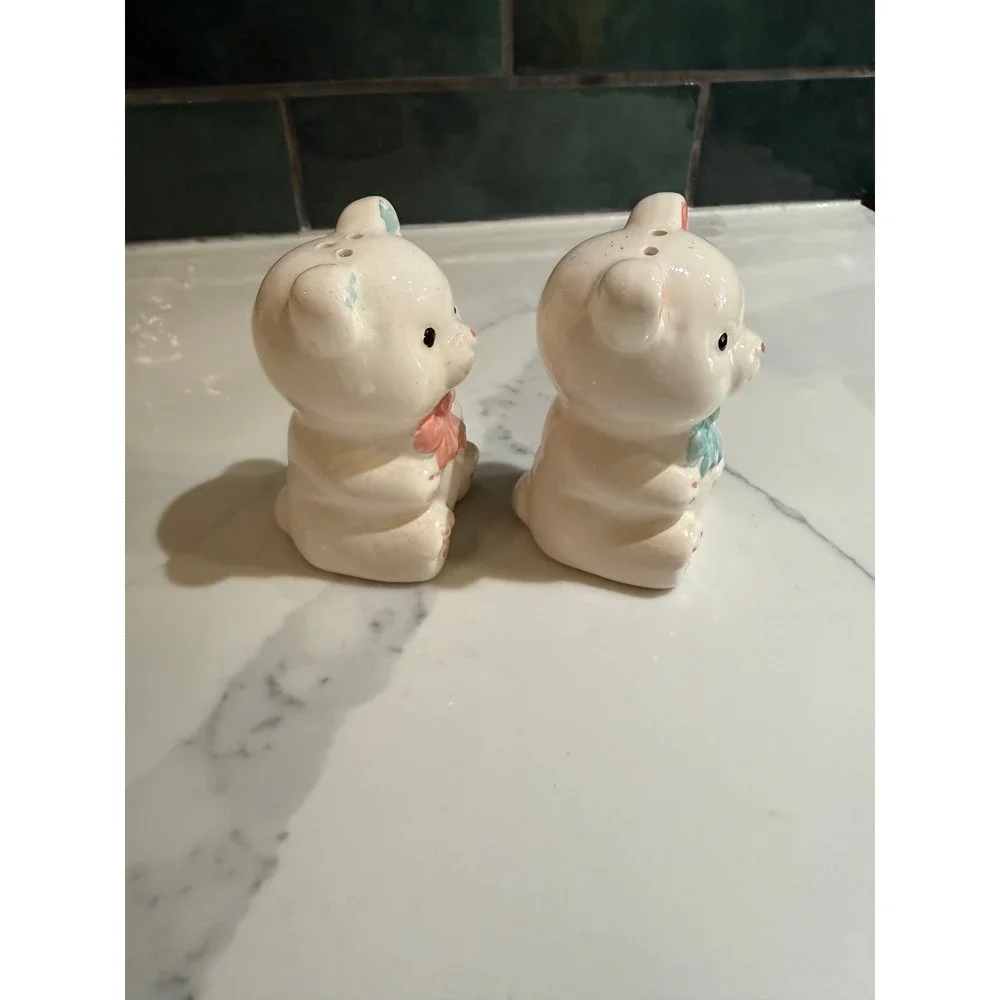 Vintage Teddy Bear Salt and Pepper Shakers Ceramic Pink Blue Bow Set of 2